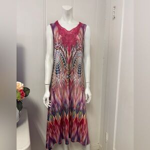 ONE WORLD STARAC Maxi Dress BOHO Crochet Lace Colorful Rainbow Abstract Print M